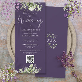 Invitación Boda Código QR Floral Verde Púrpura