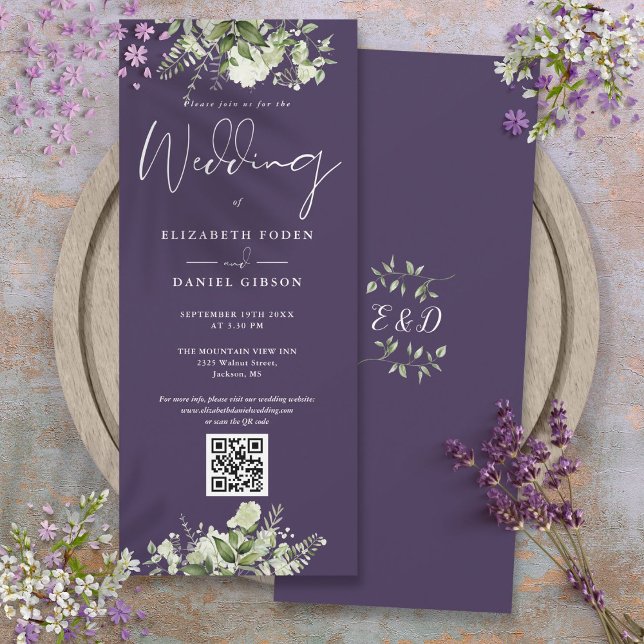 Invitación Boda Código QR Floral Verde Púrpura (Greenery Floral Purple QR Code Wedding Invitation)
