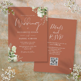 Invitación Boda Código QR Floral Verde Terracota