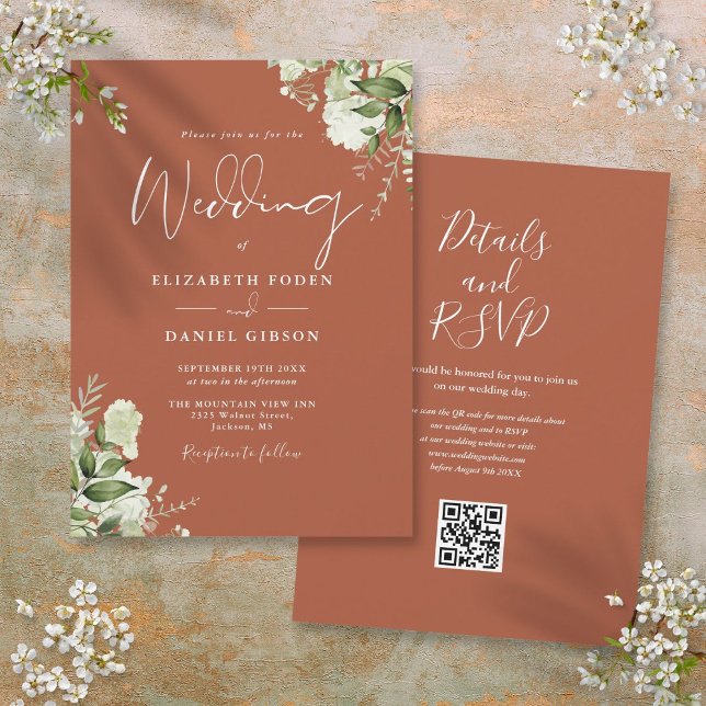 Invitación Boda Código QR Floral Verde Terracota (Terracotta Greenery Floral QR Code Wedding Invitation)