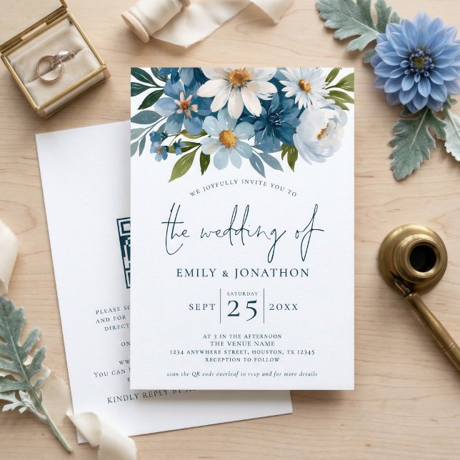Invitación Boda Código QR Florales Azules Acuarela (Subido por el creador)