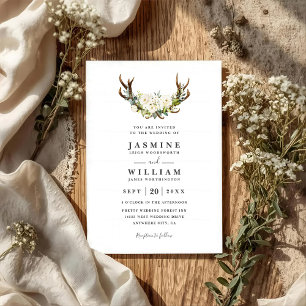Invitación Boda Código QR Flores Acuarela Blanca Cuerno