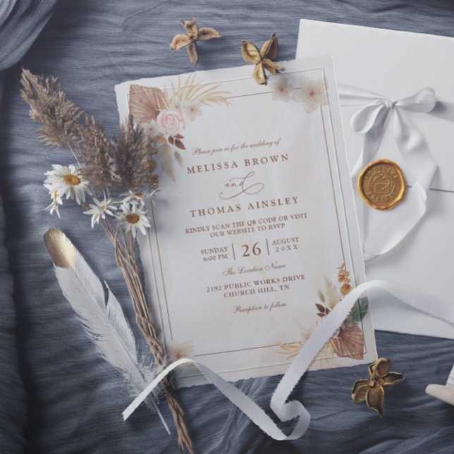 Invitación Boda Código QR Flores Boho Acuarela Beige (Subido por el creador)