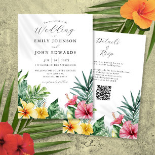 Invitación Boda Código QR Flores Tropicales Acuarela
