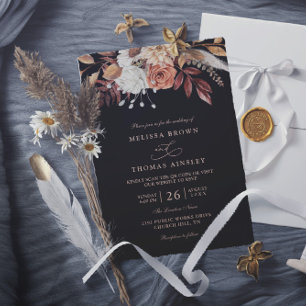 Invitación Boda Código QR Foliaje Otoñal Floral Terracota