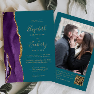 Invitación Boda Código QR Foto Ágata Dorada Púrpura Verde Tea