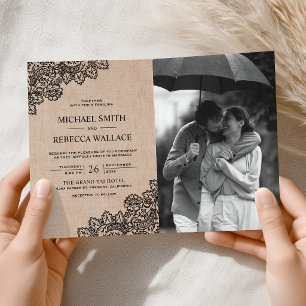 Invitación Boda Código QR Foto Arpillera Encaje Negro
