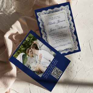 Invitación Boda Código QR Foto Azul Lace Royale Dinero Antigu