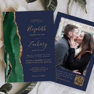 Invitación Boda Código QR Foto Azul Marino Ágata Verde Esmera
