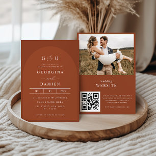Invitación Boda Código QR Foto Boho Corriandro Terracota