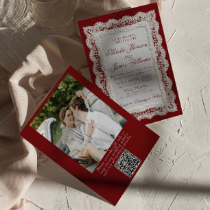 Invitación Boda Código QR Foto Borgoña Encaje Dinero Antiguo