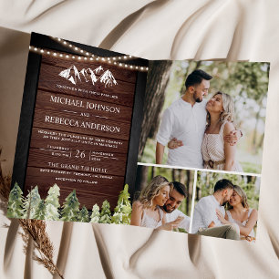 Invitación Boda Código QR Foto Bosque Montañoso de Madera Rús