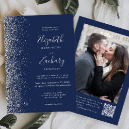 Invitación Boda Código QR Foto Brillo Azul Marino Plata