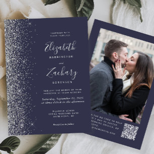 Invitación Boda Código QR Foto Brillo Plata Azul Oscuro