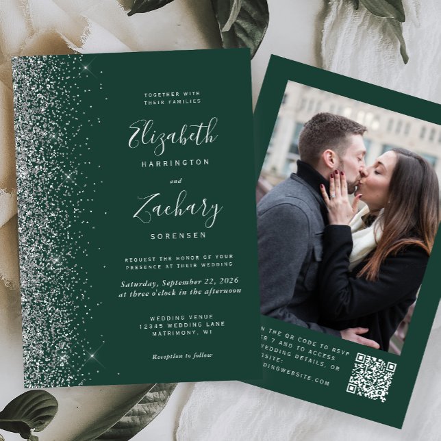 Invitación Boda Código QR Foto Brillo Plata Verde Esmeralda (Subido por el creador)