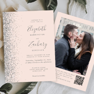 Invitación Boda Código QR Foto Brillo Rosa Rubor Plata