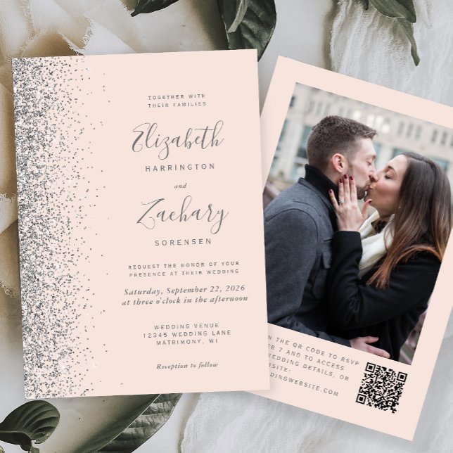 Invitación Boda Código QR Foto Brillo Rosa Rubor Plata (Subido por el creador)