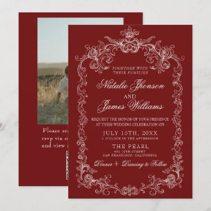 Invitación Boda Código QR Foto Burgundy Antiguo Dinero Antigu