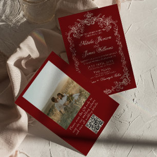 Invitación Boda Código QR Foto Burgundy Antiguo Dinero Antigu