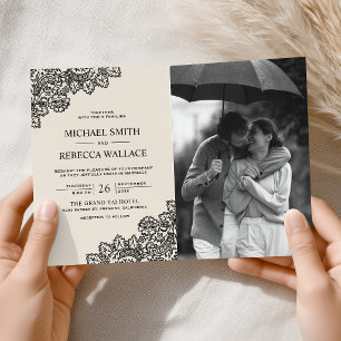 Invitación Boda Código QR Foto Crema Marfil Encaje Negro