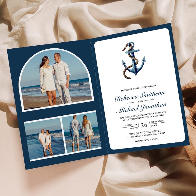 Invitación Boda Código QR Foto de Ancla de Cuerda Azul Marino (Subido por el creador)