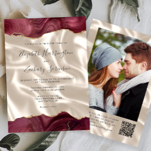 Invitación Boda Código QR Foto de Seda Marfil Ágata Borgoña