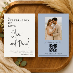 Invitación Boda Código QR Foto Escritura Azul Polvo