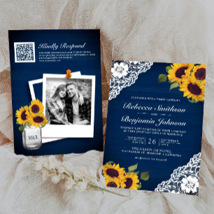 Invitación Boda Código QR Foto Girasol Encaje de Madera de Ma