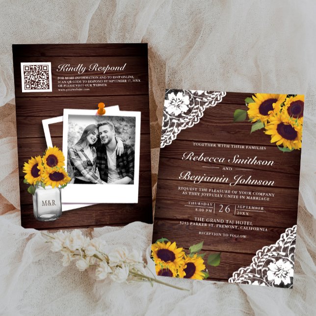 Invitación Boda Código QR Foto Girasol Encaje Madera Rústica (Subido por el creador)