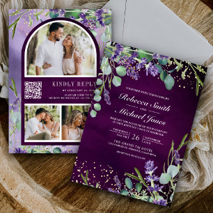 Invitación Boda Código QR Foto Lavanda Eucalipto Púrpura