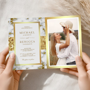 Invitación Boda Código QR Foto Mármol Oro Blanco