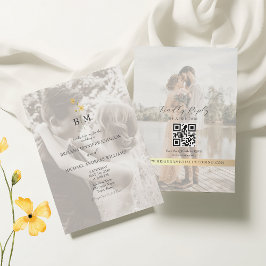 Invitación Boda Código QR Foto Monograma Dorado