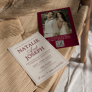 Invitación Boda Código QR Foto Old Money Crema Borgoña