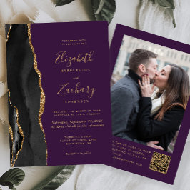 Invitación Boda Código QR Foto Púrpura Ágata Oro Negro