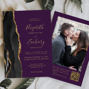 Invitación Boda Código QR Foto Púrpura Ágata Oro Negro