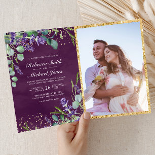 Invitación Boda Código QR Foto Púrpura Eucalipto Lavanda