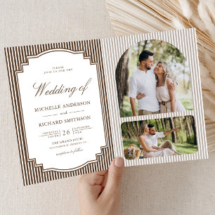 Invitación Boda Código QR Foto Rayada Marrón Chocolate