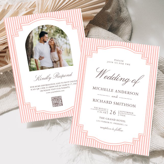 Invitación Boda Código QR Foto Rayada Pastel Rosa Coral (Subido por el creador)