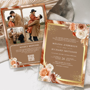 Invitación Boda Código QR Foto Terracota Flor Beige Dorado