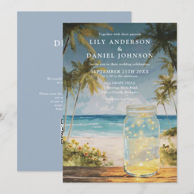 Invitación Boda Código QR Frasco de Mason Acuarela Playa (Anverso / Reverso)