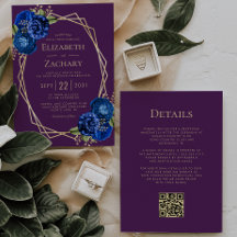Boda Código QR Geo Floral Azul Real Dorado Púrpura