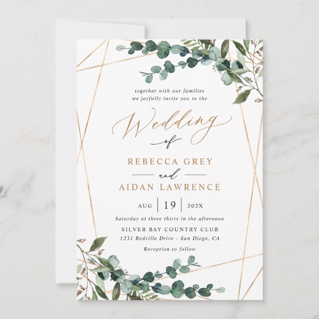 Invitación Boda Código QR Geométrico Dorado Todo en Uno con V (Anverso)
