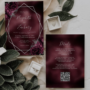 Invitación Boda Código QR Geométrico Floral Burgundy Plata