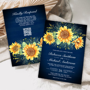 Invitación Boda Código QR Girasoles Madera Azul Marítimo