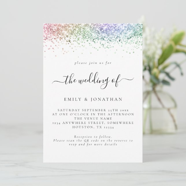 Invitación Boda código QR Glitter Arcoíris Glam (Anverso de pie)