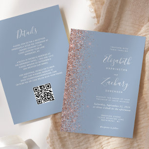Invitación Boda Código QR Glitter Rosa Dorado Azul Polvo