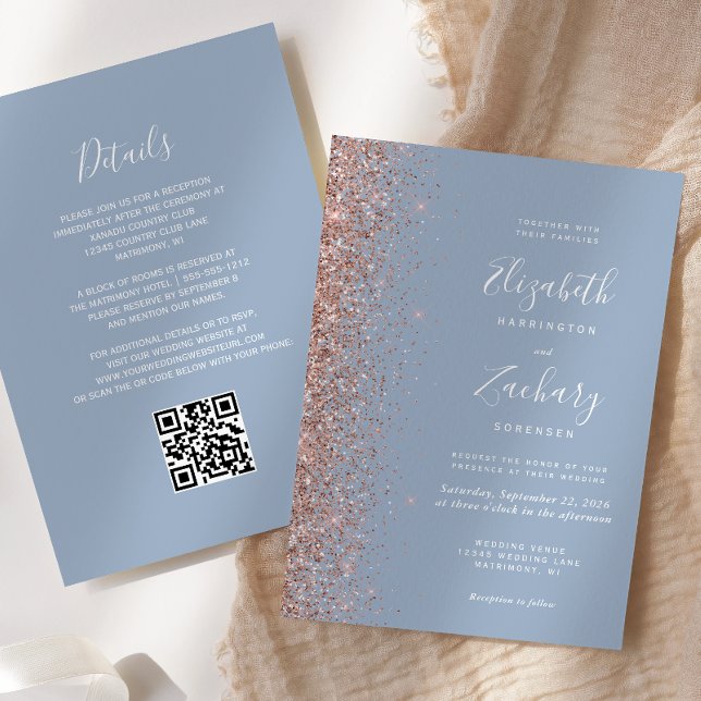 Invitación Boda Código QR Glitter Rosa Dorado Azul Polvo (Subido por el creador)