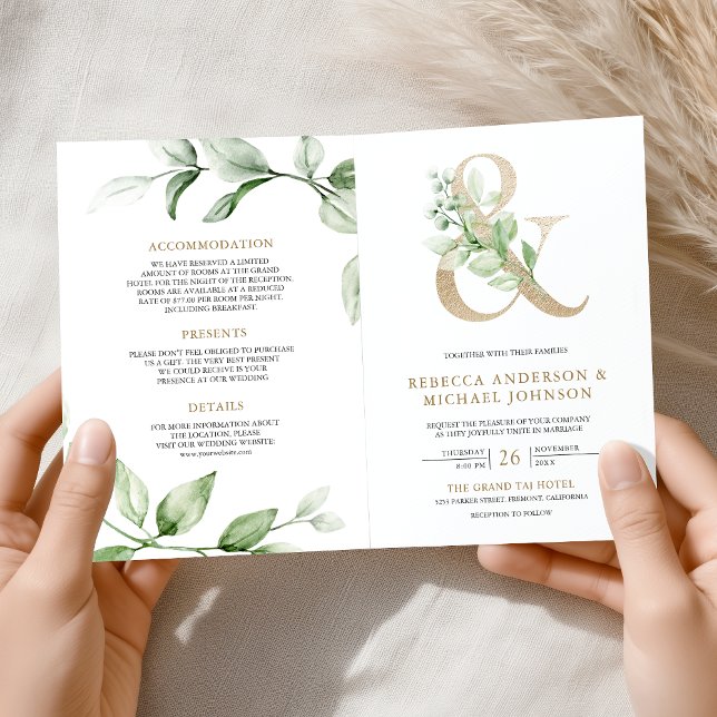 Invitación Boda Código QR Greenery Gold Ampersand (Subido por el creador)