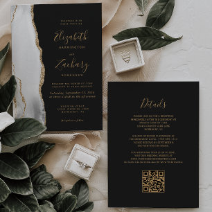 Invitación Boda Código QR Gris Ágata Moderno Blanco Dorado Os