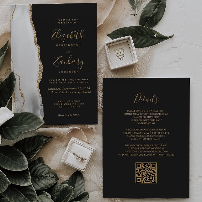 Invitación Boda Código QR Gris Ágata Moderno Blanco Dorado Os (Subido por el creador)